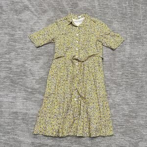 eShakti Dress Womens Large Yellow Floral Daisy Belted Button Front Pockets Boho